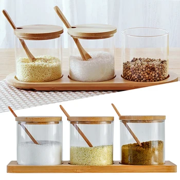 Spice Borcan cu Capac si Lingura Poate Fi Folosit pentru Zahăr, Cafea, Sticlă, Borcan Condiment Set, Bambus si Lemn cu Capac, Bucătărie Container de Depozitare