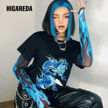 HIGAREDA Flacără de Foc de Imprimare Harajuku T-shirt Doamnelor Y2K Mozaic Black Dragon Tricou Femei Gotic Maneca Lunga Tricou Femeie