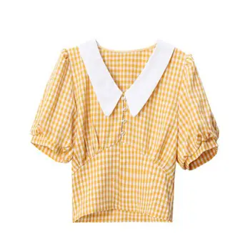 QWEEK Cottagecore Crop Top Galben Bluze de Vara Kawaii Puff Sleeve Plaid Shirt Femei Carouri Stil coreean 2021 Moda Retro