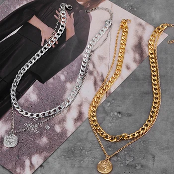 VKME Epocă Multistrat Monedă Lanț Cravată Colier Pentru Femei de Aur de Argint de Culoare de Moda, Portret Indesata Lanț Coliere Bijuterii