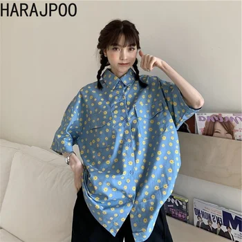 Harajpoo Femei Bluze Florale Retro Vara Noi Harajuku Tricouri Femei Sens De Design De Nișă Colegiul Stil Maneca Scurta Bluze Casual