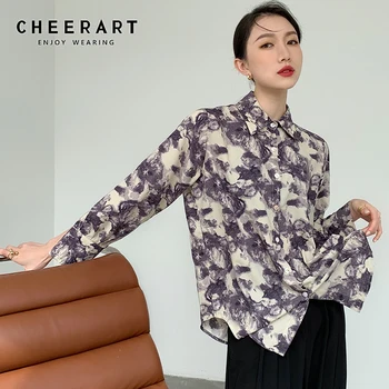 CHEERART Vintage Violet Print Floral Maneca Lunga Femei Topuri Si Bluze Butonul Up Guler Camasa-coreeană de Moda de Îmbrăcăminte