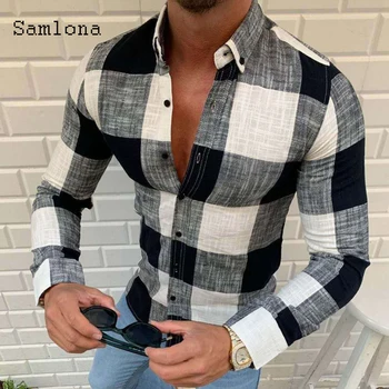 Samlona Maneca Lunga Barbati Bluza Deschide Ochi Lenjerie de Topuri Sexy Bărbați îmbrăcăminte de Vară 2021 Casual Camasa Carouri blusas Plus Dimensiune S-3XL