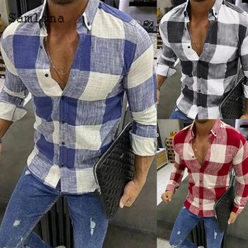 Samlona Maneca Lunga Barbati Bluza Deschide Ochi Lenjerie de Topuri Sexy Bărbați îmbrăcăminte de Vară 2021 Casual Camasa Carouri blusas Plus Dimensiune S-3XL
