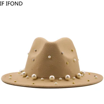 2022 Toamna Iarna Margine Largă Felted Jazz Capac realizate manual Perla Vata de Sus Fedora Pălărie de Moda Chapeau Femme