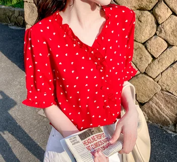 2020 Moda coreeană Roșu de Vară V-neck Birou Doamnă Maneca Scurta Bluza Femei Si Topuri Șifon Elegant