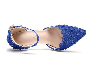 Femei Sandale Cu Toc Subțire A Subliniat Deget De La Picior Toc Alb Albastru Dantelă Pantofi De Nunta A Subliniat Toe Dantela Flori Perle Pompe