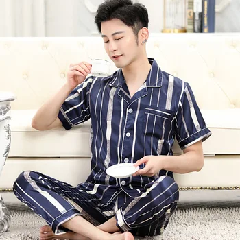Vara Mens Pata De Mătase Set Pijama, Pijamale Pentru Bărbați Pijamale Stil Modern Cămașă De Noapte Acasă Masculin Moale De Dormit Confortabil De Îmbrăcăminte