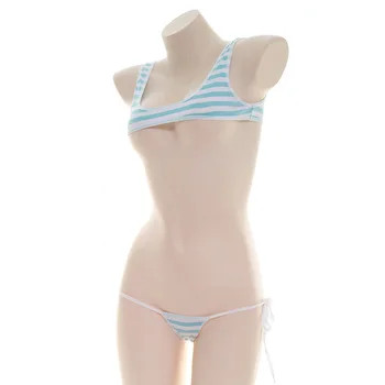 Drăguț Micro Bikini Extrem de Sexy Set Sutien si Chilot Set Lenjerie Femei Fete Cosplay Lenjerie Albastru Roz cu Dungi Stripteuză Tinuta
