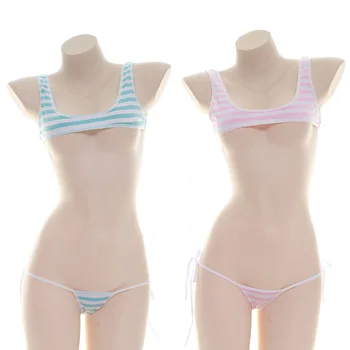 Drăguț Micro Bikini Extrem de Sexy Set Sutien si Chilot Set Lenjerie Femei Fete Cosplay Lenjerie Albastru Roz cu Dungi Stripteuză Tinuta