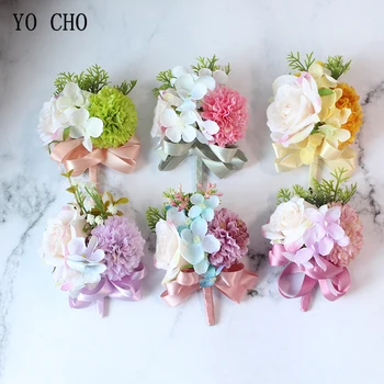 YO CHO Boutonniere Mătase Artificială de Flori de Trandafir Mireasa Corsaj de mână de culoare Roz Brățară de Partid Decor Bărbați Boutonniere Accesorii de Nunta