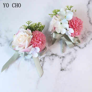 YO CHO Boutonniere Mătase Artificială de Flori de Trandafir Mireasa Corsaj de mână de culoare Roz Brățară de Partid Decor Bărbați Boutonniere Accesorii de Nunta