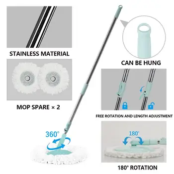 Yocada Spin Galeata Mop Microfibra Filare Mop cu 2 Microfibra Cap Rotativ 360°, Mâner Reglabil pentru Curățare Acasă