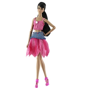 ROZ fără Mâneci fara Spate Topuri + Jean Scurt Rochie de Costume de Haine pentru Papusa Barbie Haine pentru Barbie BJD Papusi Accesorii