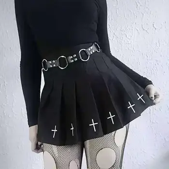 Negru Talie Mare Fuste Mini Punk Plisata Fusta De Epocă Gotică Streetwear Cruce De Imprimare Plisate Fuste Femei Lolita Harajuku Fusta
