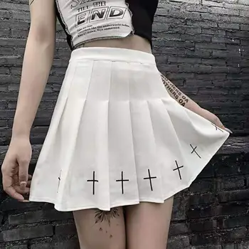 Negru Talie Mare Fuste Mini Punk Plisata Fusta De Epocă Gotică Streetwear Cruce De Imprimare Plisate Fuste Femei Lolita Harajuku Fusta