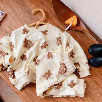 2021 Toamna Noua Copii Baby Bear Imprimare Tricou Set Pentru Baieti Si Fete Pantaloni Harem Costum De Bumbac Pentru Copii Cu Maneca Lunga Set Haine