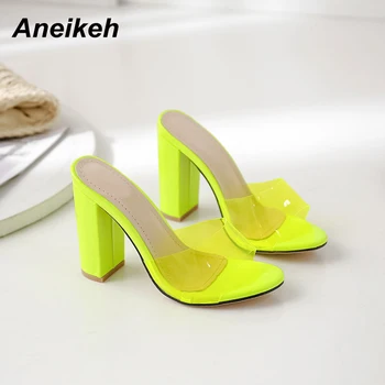 Aneikeh 2021 Noi de Vara PVC Papuci de casă Peep Toe Superficial de Culoare Amestecat Toc Pătrat Clasice de Moda pentru Femei Pantofi Zapatos De Mujer Sexy