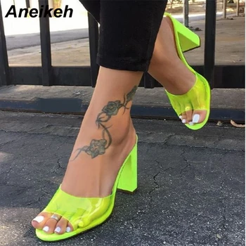 Aneikeh 2021 Noi de Vara PVC Papuci de casă Peep Toe Superficial de Culoare Amestecat Toc Pătrat Clasice de Moda pentru Femei Pantofi Zapatos De Mujer Sexy