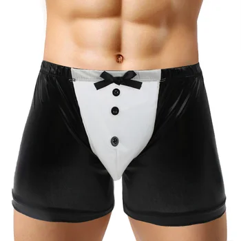 Bărbați Faux Din Piele Boxeri Boxeri Hombre Lenjerie Porno Bowknot Fund Latex Erotic Pantaloni Fierbinte Club Chelner Costume Cosplay