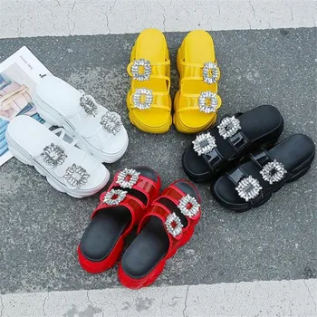 Vara Stras Femei Papuci cu Platforma Inalta Pene Sandale Tocuri de 9CM Afara Flip-Flops Colorate Femei Adidași Alb