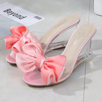 Femei Tocuri de Vară Wild Femei Sandale Simple Fundita Pană Transparent Papuci de Pantofi de Lux pentru Femei Designers569