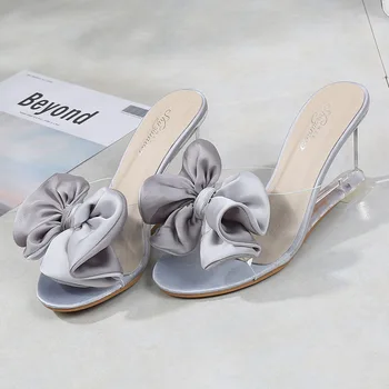 Femei Tocuri de Vară Wild Femei Sandale Simple Fundita Pană Transparent Papuci de Pantofi de Lux pentru Femei Designers569