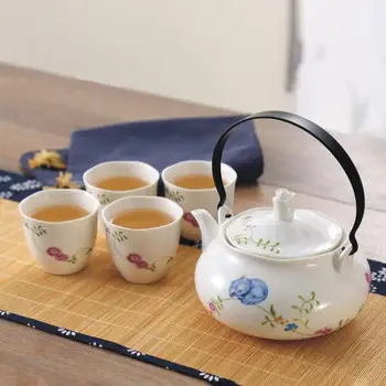 Japoneze Clasice, Alb Ceramic Set de Ceai cu Flori de Model,Ceainic Si 4 cesti de ceai