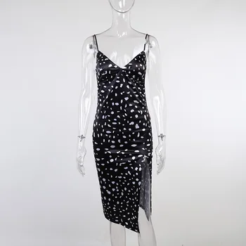 Pata Rochii V-gât Rochie fără Mâneci Femei Casual Split Rochie de E-Fetele Negru Imprimat Modele de Rochii pentru Femei rochii de Vara rochie