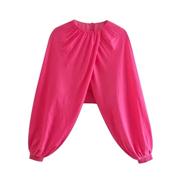 TRAF Femei Vara Puff Sleeve Top Femei Rose Red Crop Top Za 2021 Moda Ruched Elastic Butonul din Spate Cutat Bluze Elegante