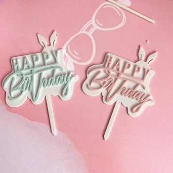 Acrilice Fericit Ziua De Naștere Tort Toppers Iepure Drăguț Roz Acrilice Cupcake Topper Pentru Copii Fete Copii Petrecere Decoratiuni Tort