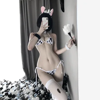 Femei Sexy Lapte De Vacă Cosplay Set De Lenjerie Kawaii Anime Japonez Mini Bikini Lenjerie Chilotei Sutien Halter Vaca De Imprimare Ciorapi