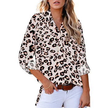 Toamna Populare Leopard De Imprimare Maneca Trei Sferturi Largi Tricou Casual Leopard Bluze