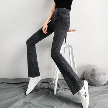 Casual, Talie Mare Slim Stretch Blugi Evazati Femei Stil Coreean Trei Buton Solid Denim Pantaloni Evazați Primăvară Pantaloni Sex Feminin