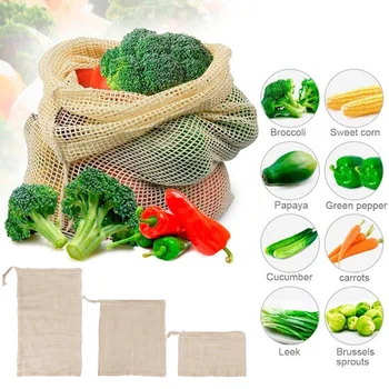 Refolosibile Bumbac Organic Plasă Produce Saci pentru Legume Fructe Bucătărie Refolosibile Lavabile Grila Sac de Depozitare cu Cordon Cu 3 Dimensiuni