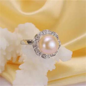 Runda a opta-petale de flori 10-11mm natural de apă dulce pearl inel pentru femei, cadou, 925 de argint sterlină femei bijuterii inel reglabil