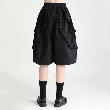 [MEM] de Mare Talie Elastic Negru Volane Genunchi Lungime Pantaloni Largi Picior Nou Pantaloni Largi pentru Femei de Moda Primavara-Vara 2021 1DD9850