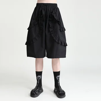 [MEM] de Mare Talie Elastic Negru Volane Genunchi Lungime Pantaloni Largi Picior Nou Pantaloni Largi pentru Femei de Moda Primavara-Vara 2021 1DD9850