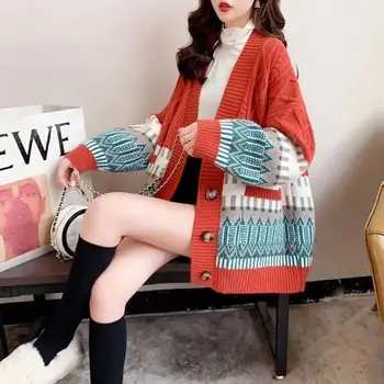 2021 Primăvară și de iarnă Vintage Cardigan Tricotate Pulover Femei de sex feminin de Buzunar Moda tricotate, Cardigane Haina Doamna Pulovere Largi H36