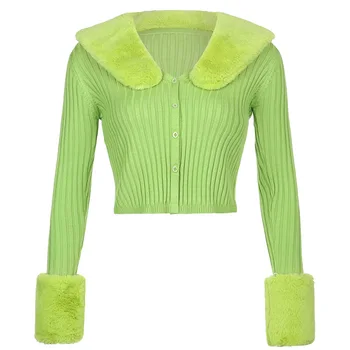 Guler pufos V Gât Pulover Solid Cardigan pentru Femei Tricotaje Trunchiate Pulover Alb Negru Verde Buton Skinny Top Toamna Iarna