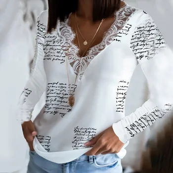 Bluze pentru femei Despicare Lace V-neck Lace Print Casual cu Maneca Lunga Top Primavara-Vara Butoanele de Birou Elegant Doamnelor Camasi Femei