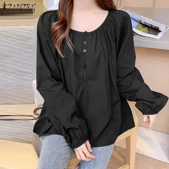 Elegant ZANZEA Tricou Femei de Primăvară Lungă Puff Maneca Liber Casual Bluza Lady Blaturi Solide Munca de Birou Blusas coreean Combinezon S-