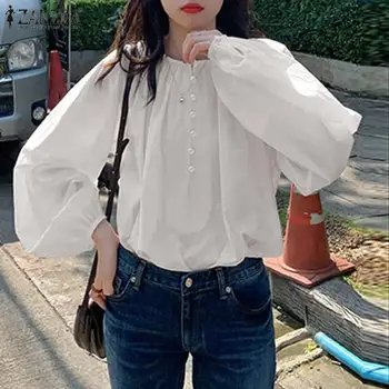 Elegant ZANZEA Tricou Femei de Primăvară Lungă Puff Maneca Liber Casual Bluza Lady Blaturi Solide Munca de Birou Blusas coreean Combinezon S-