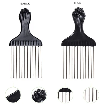 Dinții Largi De Metal Afro Pieptene Introduceți Cret Perie De Păr Furculiță Alege Pieptene Pumnul Forma Mâner Negru Coafat Perie Instrument De Styling