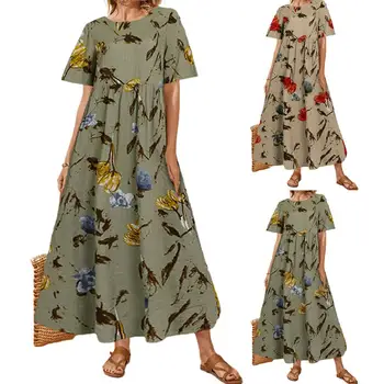 Femei de Moda de Vară Imprimate Sundress Maneca Scurta Bumbac Respirabil Amestec de Moda de Vara Rochie Maxi de Plaja Vrac Vestidos