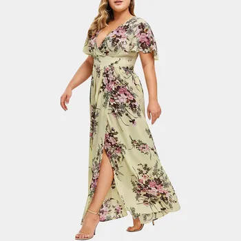 2021 rochie de Vara romantic francez, rochii elegante Femei Casual Imprimare Florale V-Neck Maneca Scurta Split de Mari Dimensiuni Rochie Lungă