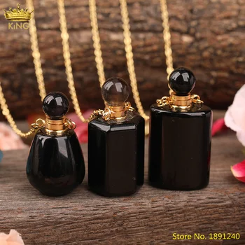 Natural Negru Agate Pietre Fatetate Coloana Pătrat Parfum Sticla Pandantiv Colier Pentru Femei Piatra Onix Lanțuri De Aur Colier Bijuterii
