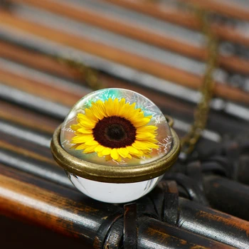 Epocă De Floarea-Soarelui Minge De Sticlă Colier Floarea-Soarelui Sticlă Foto Pandantiv Argint Bronz De Culoare Lanț Colier Moda Bijuterii