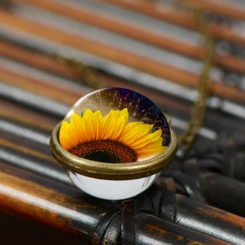 Epocă De Floarea-Soarelui Minge De Sticlă Colier Floarea-Soarelui Sticlă Foto Pandantiv Argint Bronz De Culoare Lanț Colier Moda Bijuterii