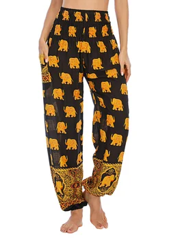 Bohemia Doamnelor Aur Elefant Imprimate De Înaltă Talie Pantaloni Thailanda Elastici Cu Talie Jogger Femeie De Pantaloni De Vara Noi Subțire Pantaloni Harem